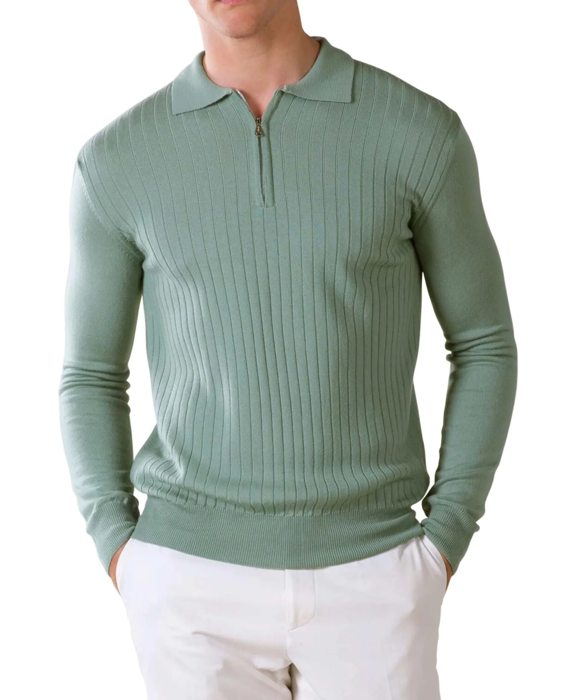 Online Pullover Rib Zip Polos Ls Licht Groen Heren Truien