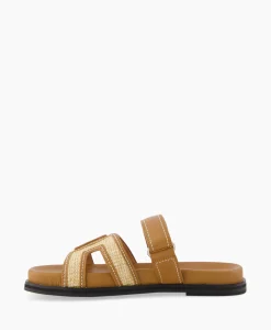 Cheap Sandaal Zonder Hak Leather And Rafia Licht Bruin Dames Sandalen