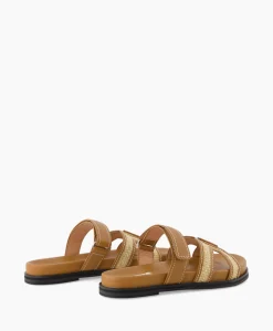 Cheap Sandaal Zonder Hak Leather And Rafia Licht Bruin Dames Sandalen