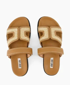 Cheap Sandaal Zonder Hak Leather And Rafia Licht Bruin Dames Sandalen