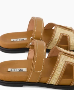 Cheap Sandaal Zonder Hak Leather And Rafia Licht Bruin Dames Sandalen