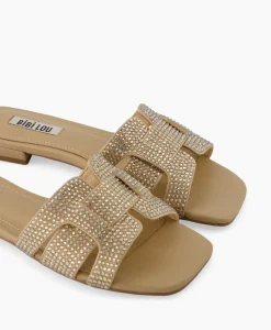 Outlet Sandaal Zonder Hak Strass Beige Dames Sandalen