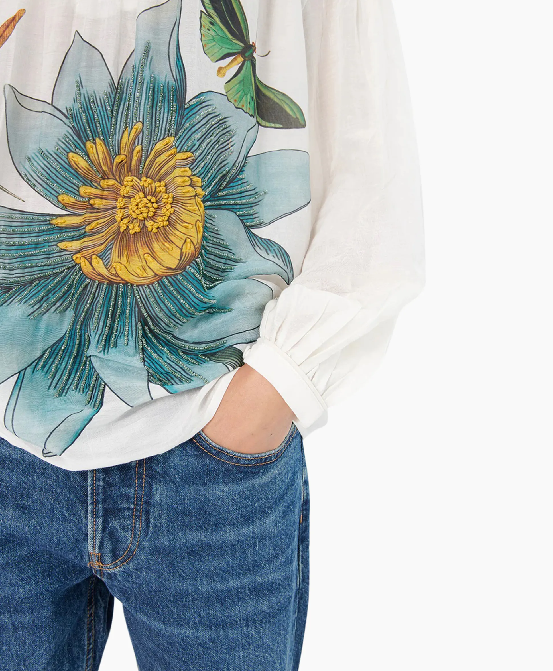 Fashion Blouse Bamboo Embroidered Blauw Dames Blouses