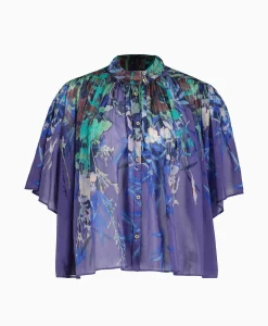 Outlet Blouse Heaven Print Cotton Silk Voile Short Sleeve Paars Dames Blouses