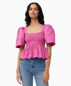 Store Blouse Cotton Poplin Open-Neck Smock Pink Dames Blouses