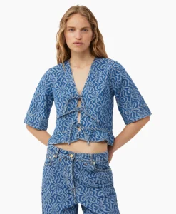 Sale Blouse Jacquard Denim Flounce Tie Midden Blauw Dames Blouses
