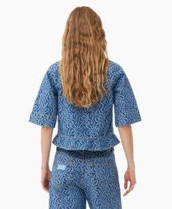 Sale Blouse Jacquard Denim Flounce Tie Midden Blauw Dames Blouses