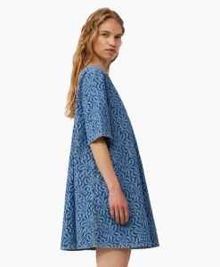 Cheap Mini Jurk Jacquard Denim A-Line Midden Blauw Dames Jurken