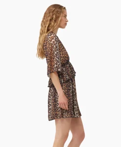 Shop Mini Jurk Pleated Georgette V-Neck Flounce Bruin Dames Jurken