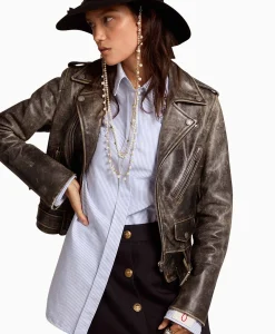 Store Leren Jas Golden W's Chiodo Distressed Bull Leathe Zwart Dames Jassen