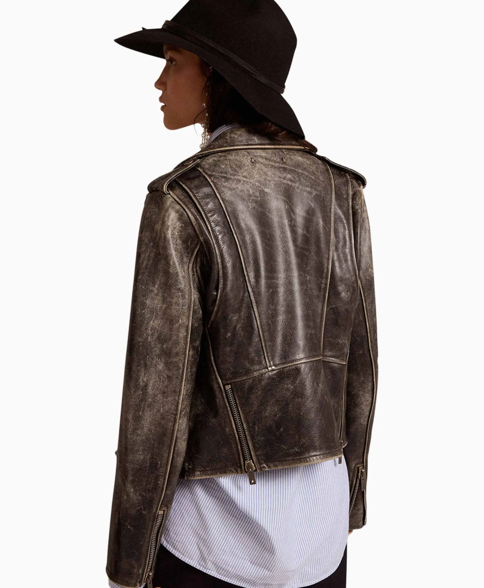 Store Leren Jas Golden W's Chiodo Distressed Bull Leathe Zwart Dames Jassen