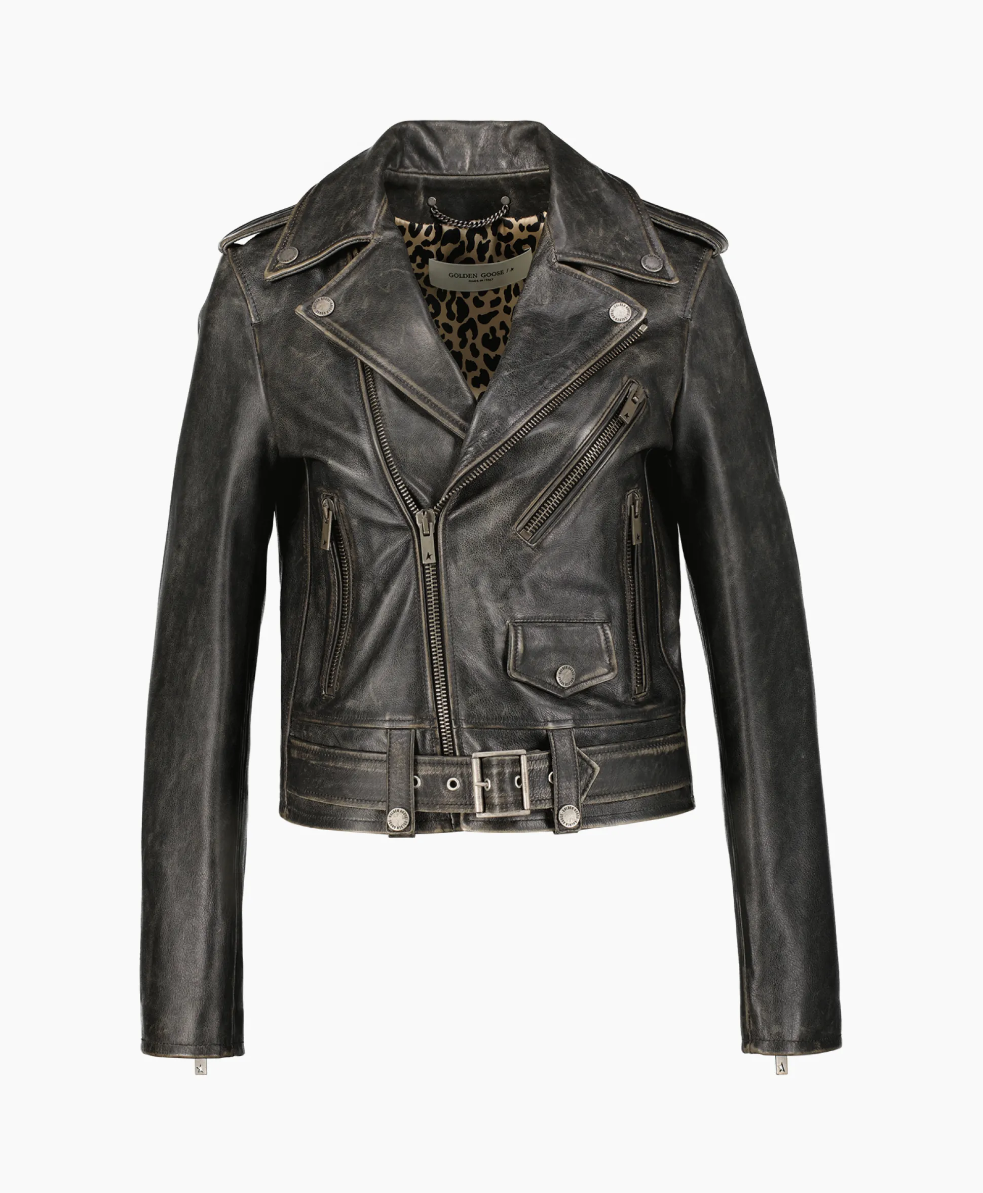 Store Leren Jas Golden W's Chiodo Distressed Bull Leathe Zwart Dames Jassen