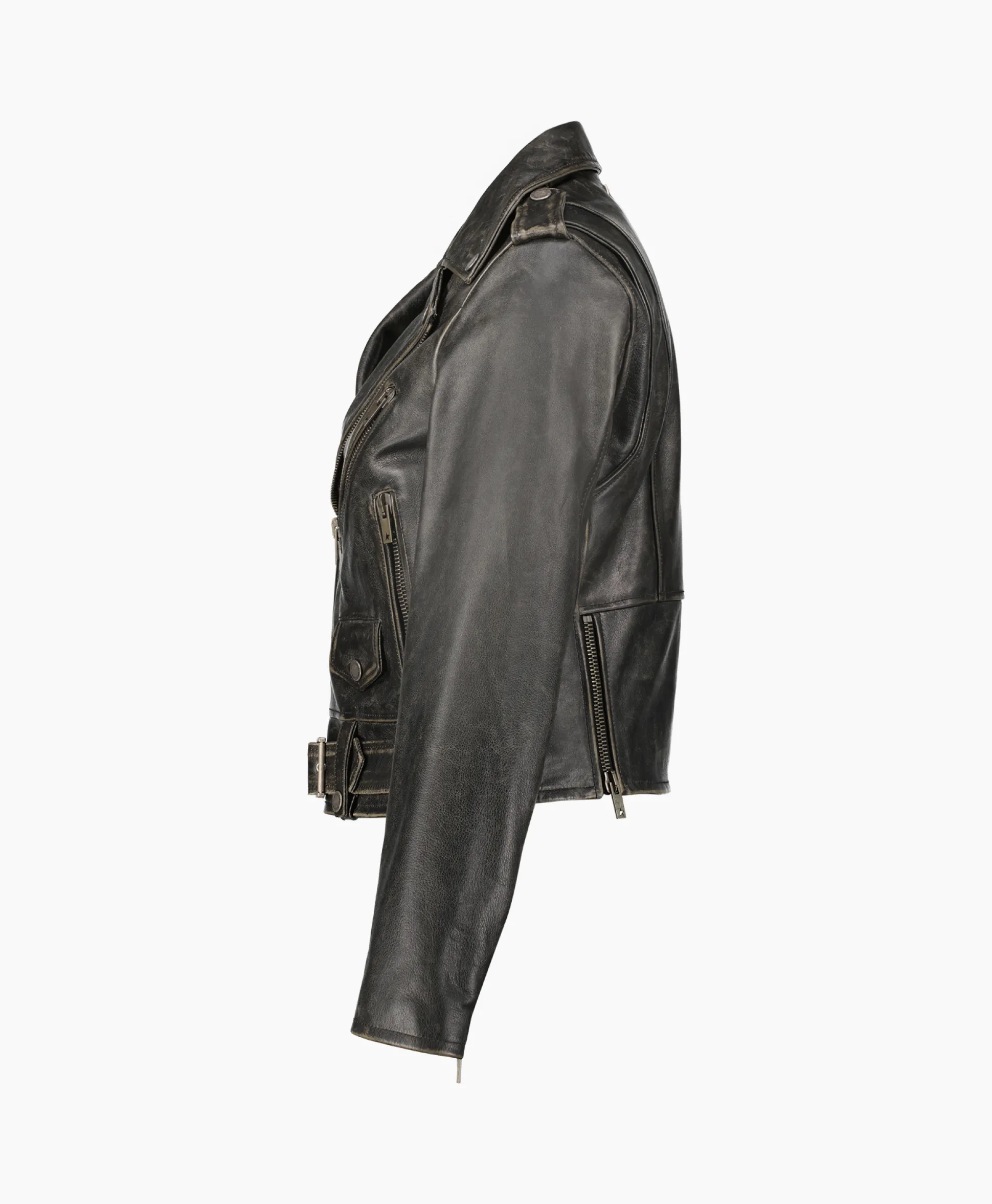 Store Leren Jas Golden W's Chiodo Distressed Bull Leathe Zwart Dames Jassen