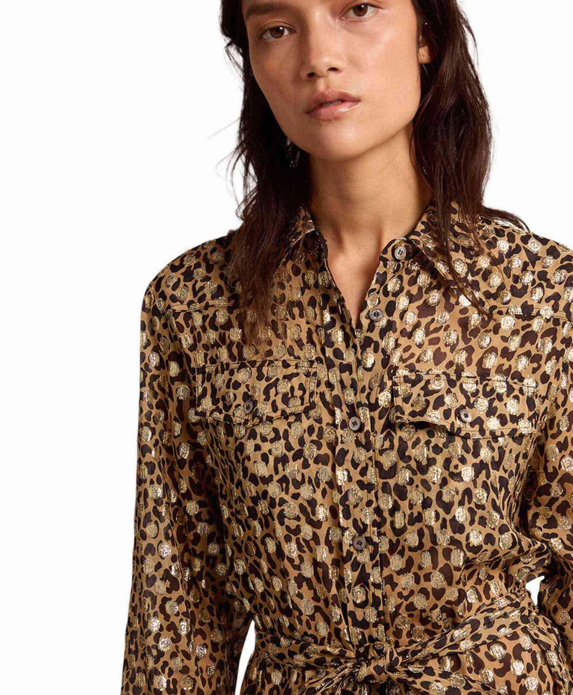 Hot Midi Jurk Golden W's Chemisier Leopard Print Fil C Beige Dames Jurken