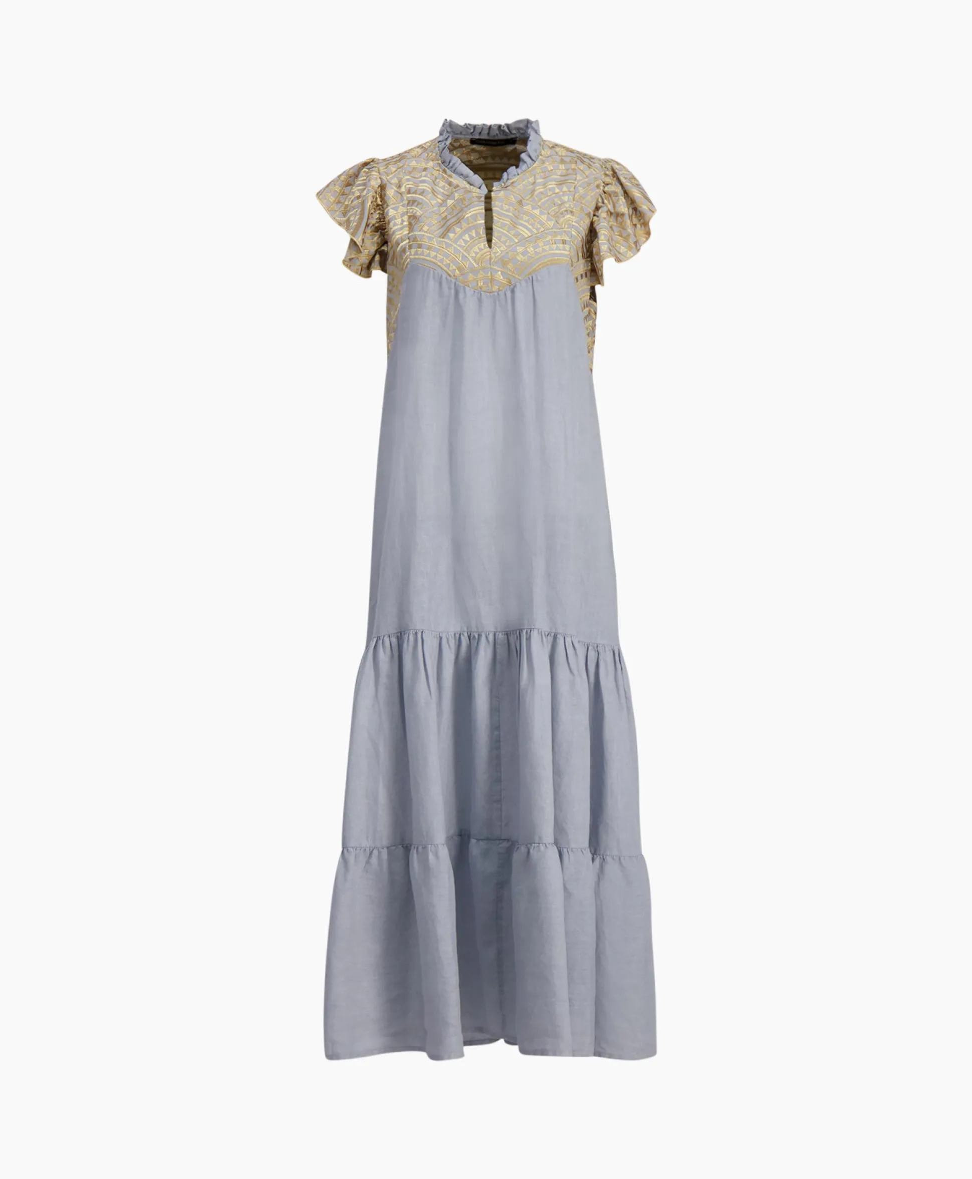 Best Sale Maxi Jurk Long New All Over Sleeveless Ruffles Licht Grijs Dames Bruiloftskleding