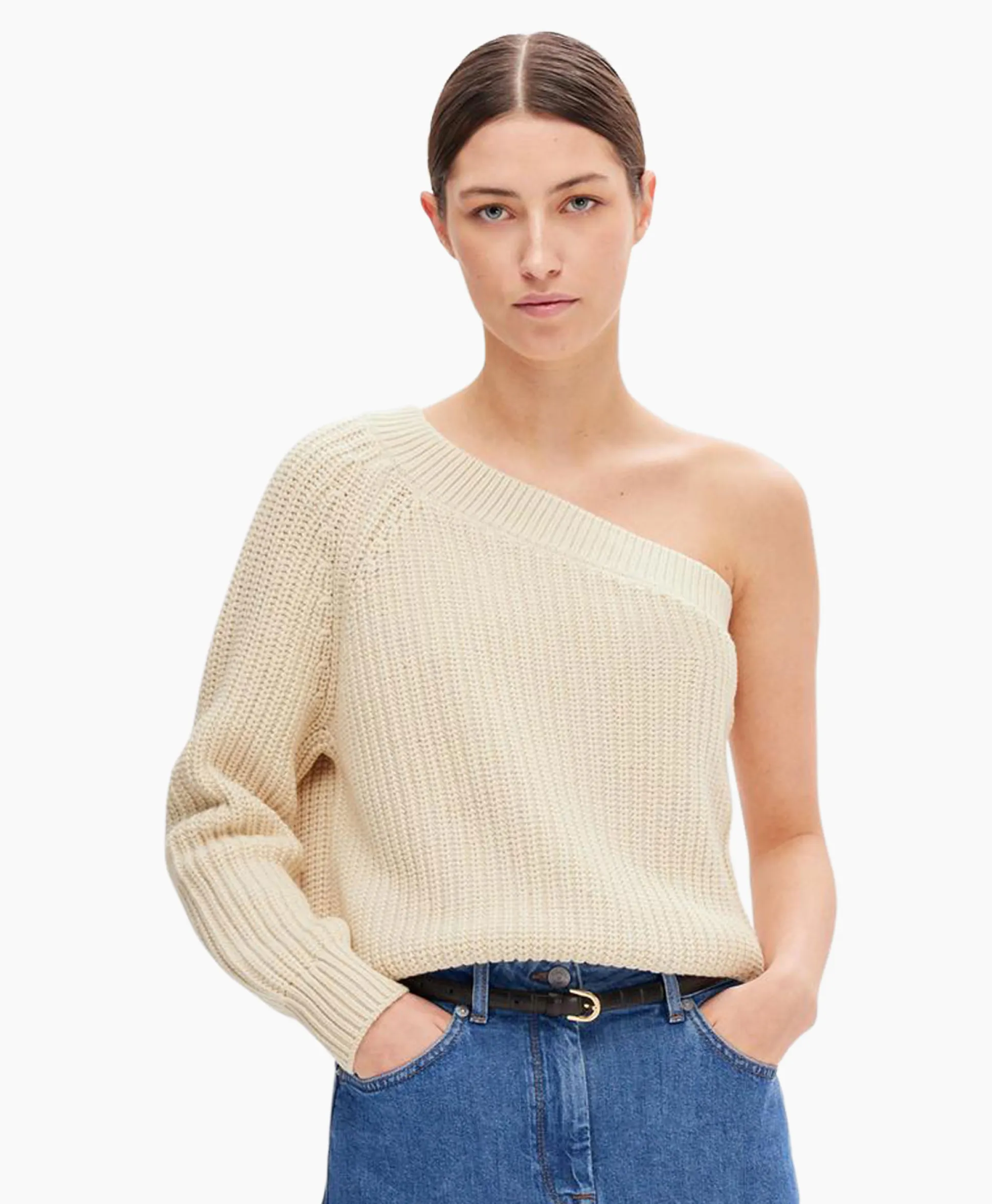 Outlet Gebreide Trui Sedora Ls Knit One Shoulder Off White Dames Truien