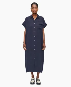 Online Maxi Jurk Fluid Shirt Donker Blauw Dames Jurken